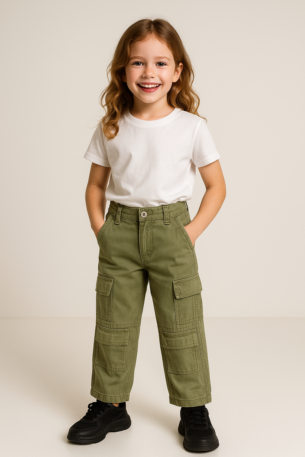 Jaju Baby Kız Çocuk Haki Renk Kargo Cepli Geniş Paça Pantolon