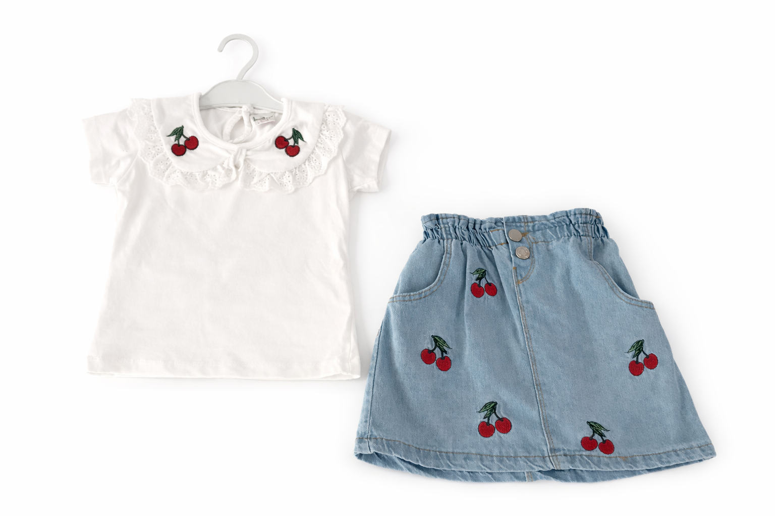 Jaju Baby Kız Çocuk Kiraz İşlemeli T-shirt&Kot EtekTakım