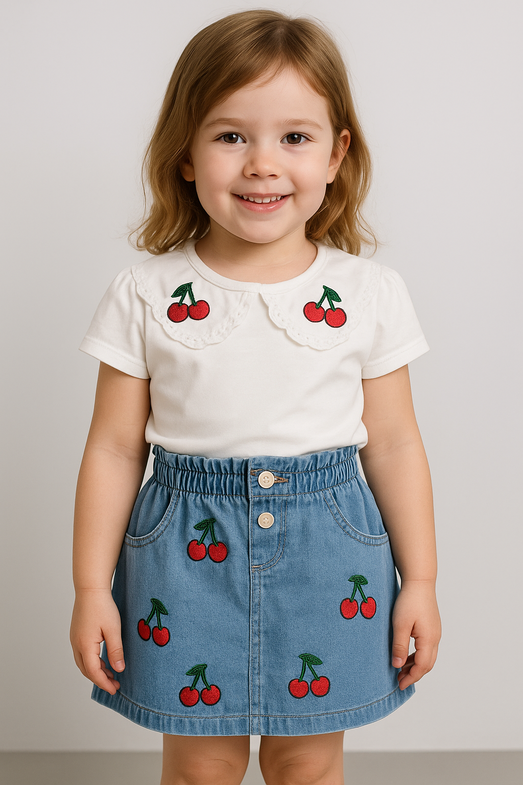 Jaju Baby Kız Çocuk Kiraz İşlemeli T-shirt&Kot EtekTakım