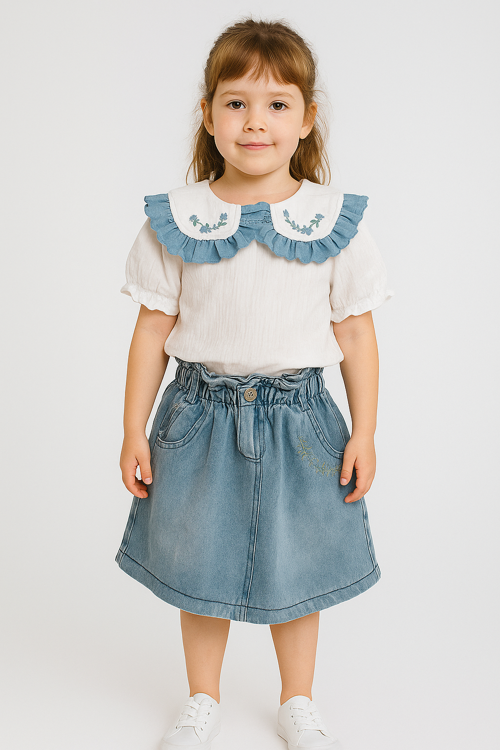 Jaju Baby Kız Çocuk Müslin Dantel Yakalı Bluz Ve Kot Etek Takım