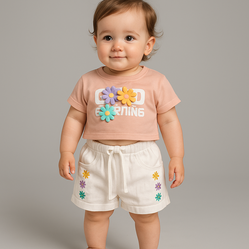 Jaju Baby Kız Çocuk  Pudra Papatya Baskılı Şort Takım