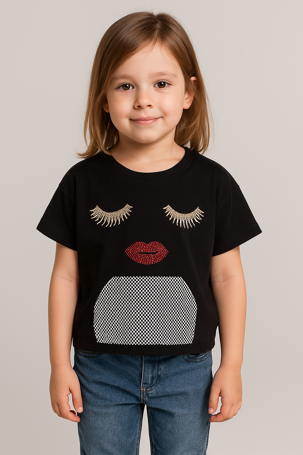 Jaju Baby  Kız Çocuk Siyah Bel Büzgülü Crop Taşlı T-shirt