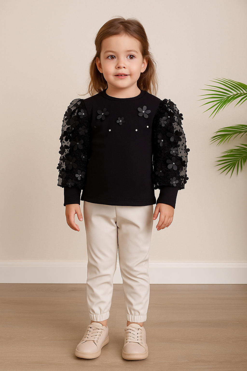 Jaju Baby Kız Çocuk Siyah Kolları Dantelli Bluz Deri Pantolon Alt Üst Takım