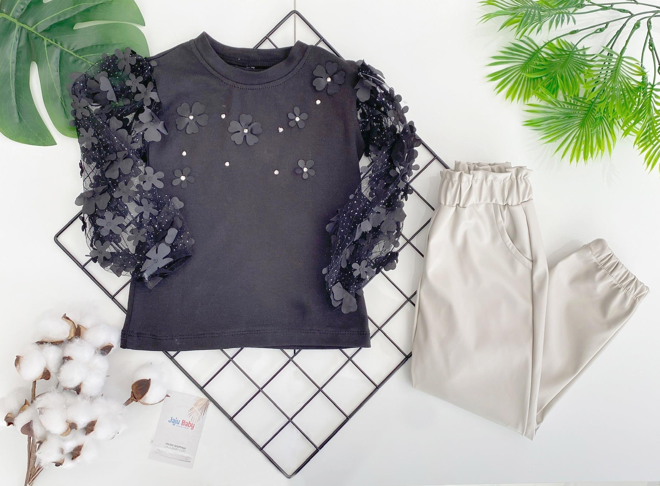 Jaju Baby Kız Çocuk Siyah Kolları Dantelli Bluz Deri Pantolon Alt Üst Takım