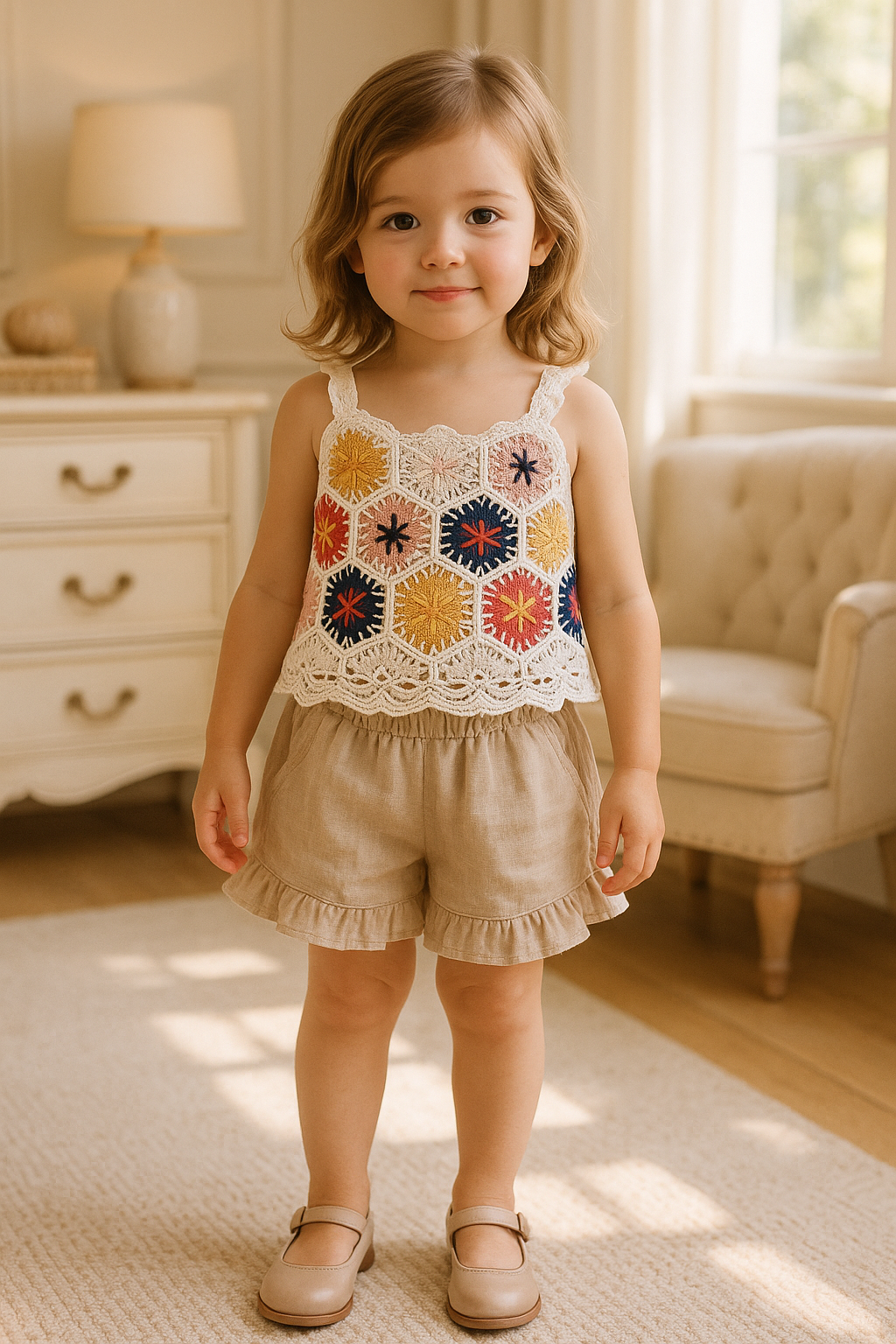 Jaju Baby Kız Çocuk Üstü Örgü Kumaş Keten Şortlu Takım