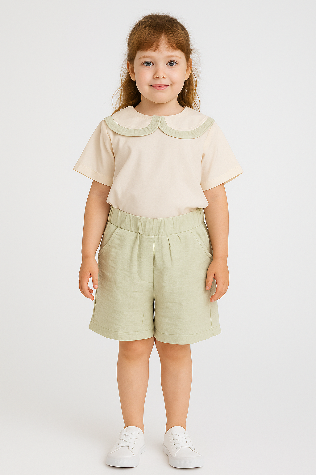 Jaju Baby Kız Çocuk Yeşil-Krem Keten Şort&T-shirt Takım