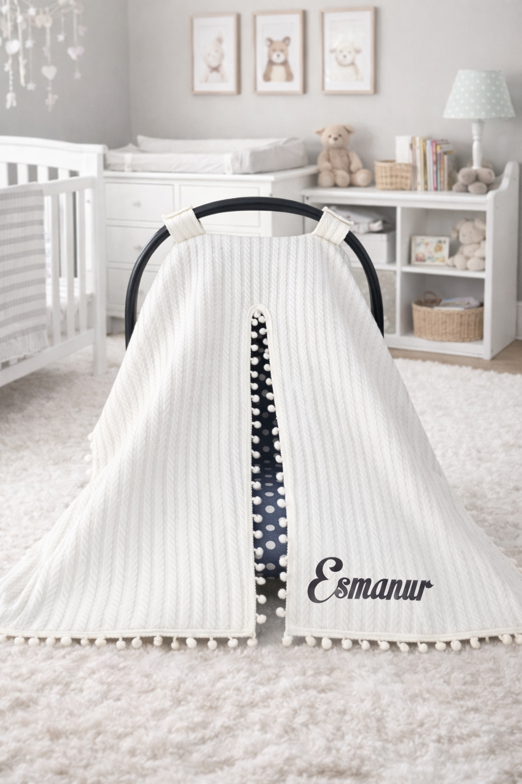 Jaju Baby Krem Örgü Kumaş Özel İsimli Puset Örtüsü