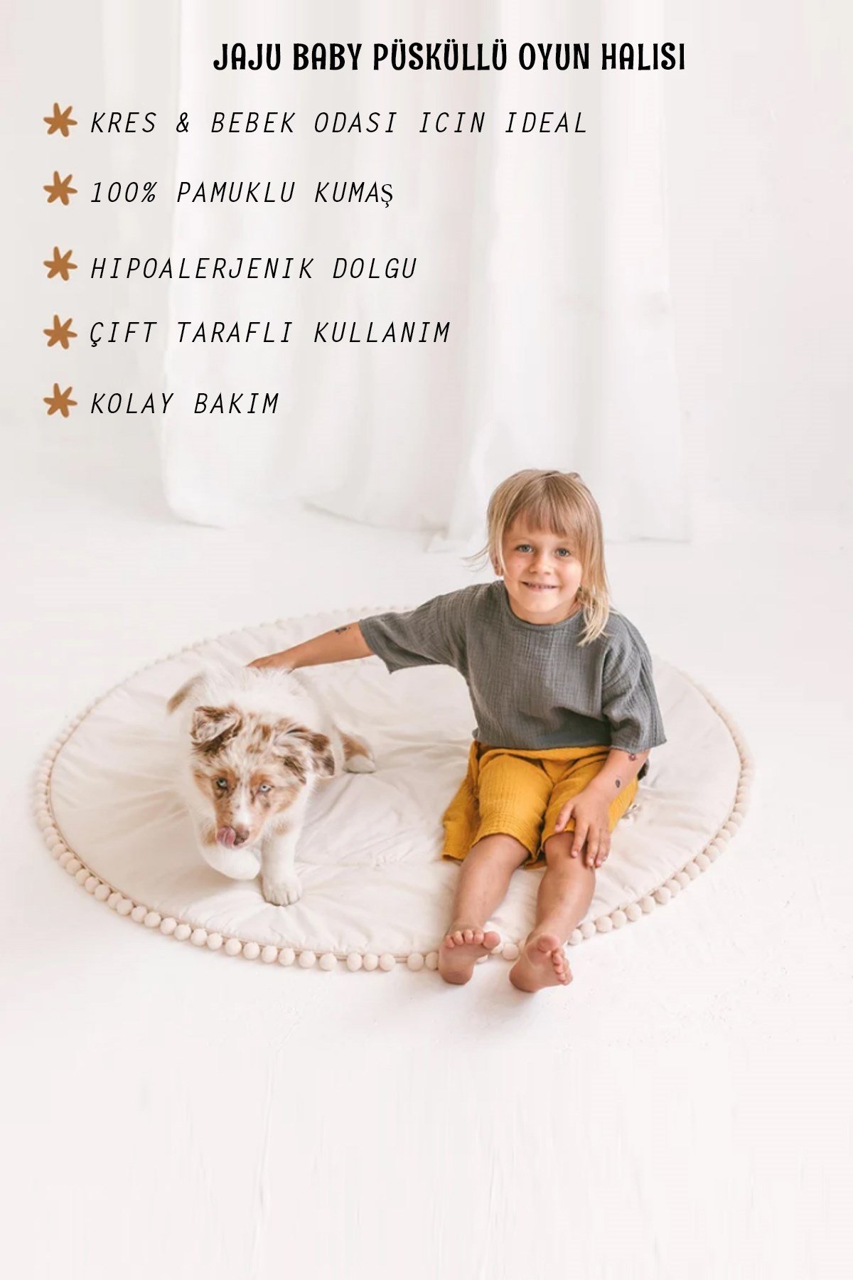 Jaju Baby Krem Ponpon Oyun Halısı / Oyun Matı Bebek ve Çocuk Aktivite Halısı