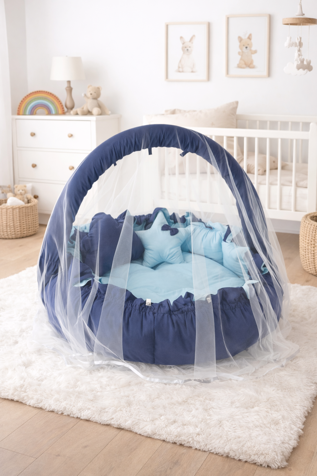 Jaju Baby Lacivert - Mavi Tasarım Lüx Oyun Minderi Babynest Cibinlik Tül Oyuncak Aparat Set