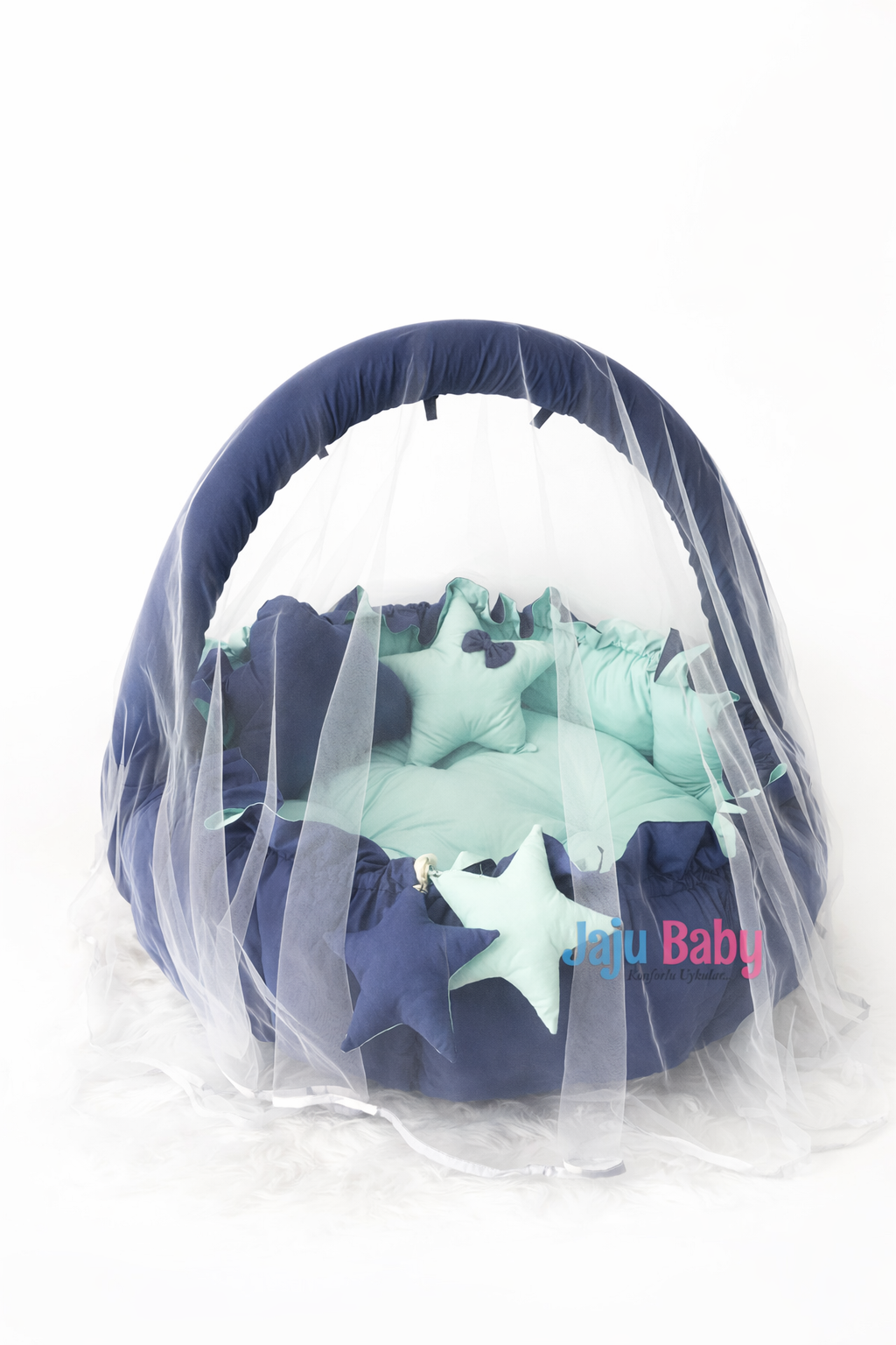 Jaju Baby Lacivert - Mint Tasarım Lüx Oyun Minderi Babynest Cibinlik Tül Oyuncak Aparat Set