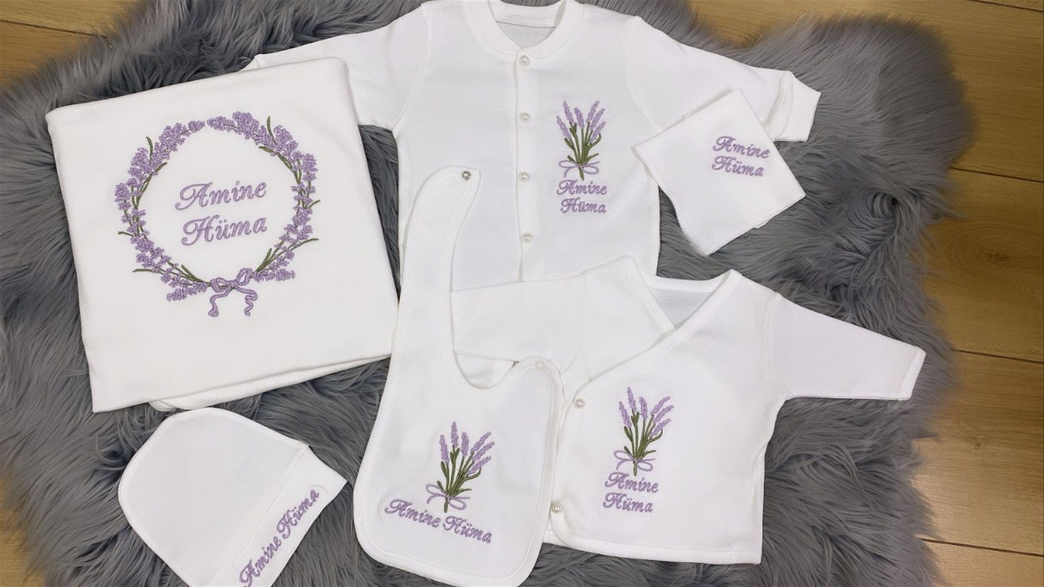 Jaju Baby Lavanta İşleme ve İsim İşlemeli Bebek Tulum Set