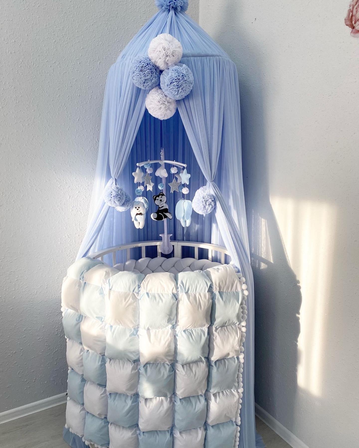 Jaju Baby Mavi Renk Kenarları Ve Üzeri Ponponlu Cibinlik