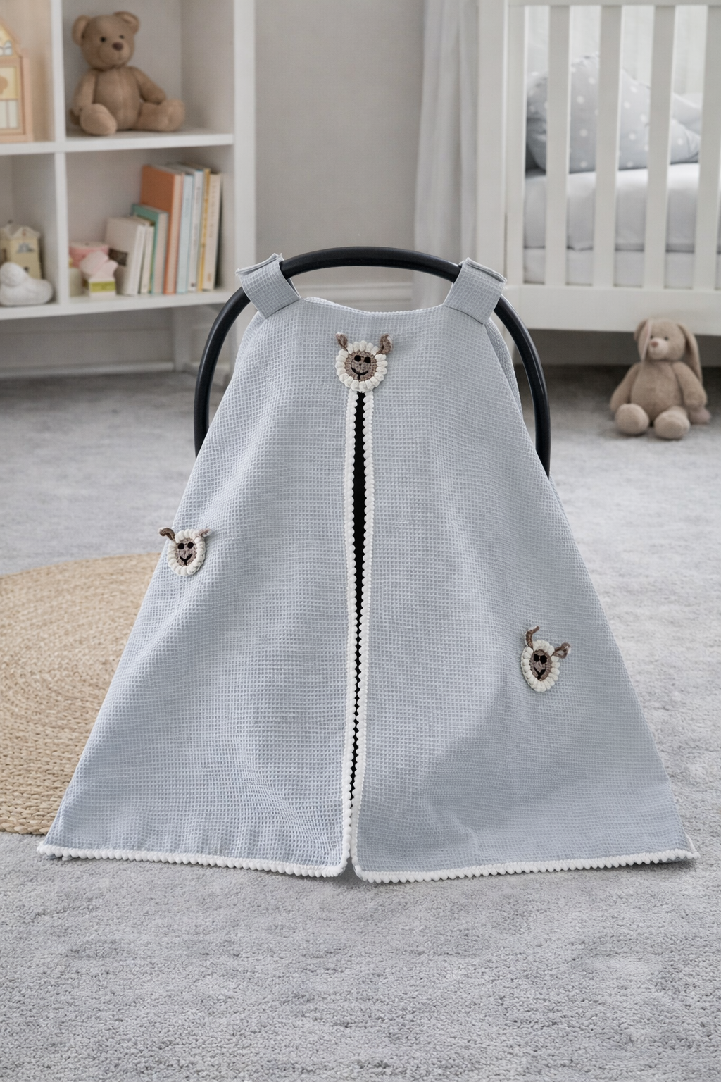 Jaju Baby Mavi Waffle Kumaş Organik Kuzu Tasarım Puset Örtüsü