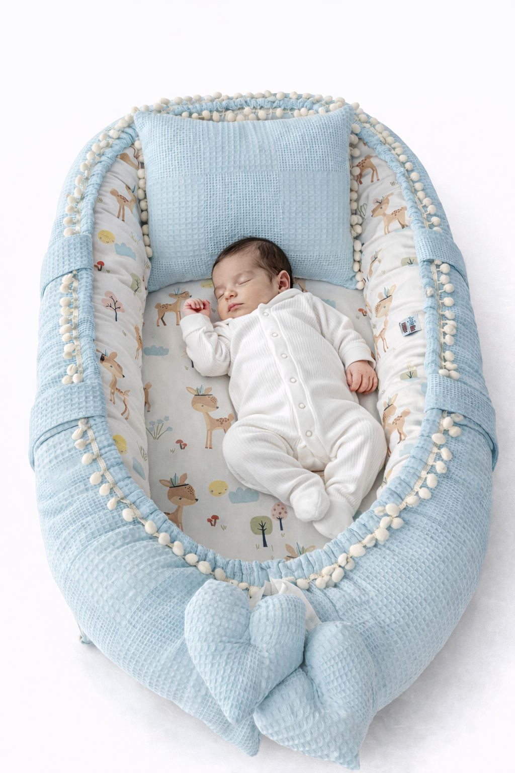 Jaju Baby Mavi Waffle Pike Kumaş Geyik Tasarım Ponponlu Babynest