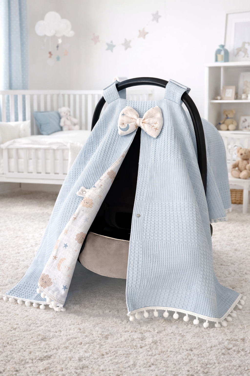 Jaju Baby Mavi Waffle Pike ve Müslin Tasarım Ponponlu Puset Örtüsü