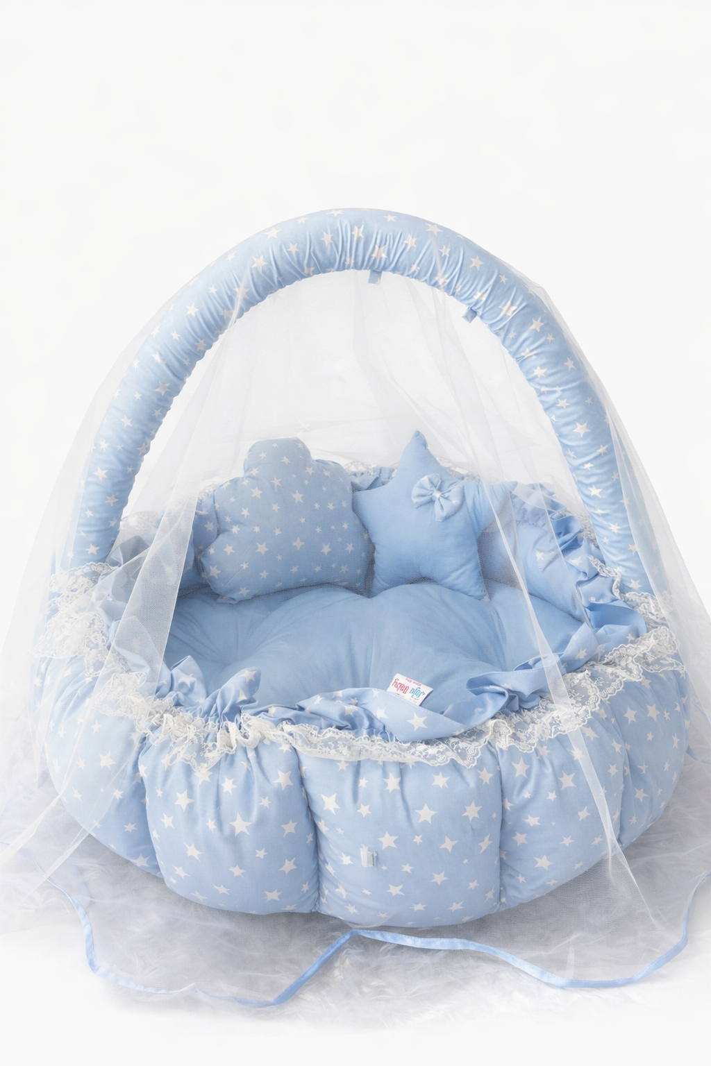 Jaju Baby Mavi Yıldız Desenli Tasarım Lüx Oyun Minderi Babynest Cibinlik Tül Oyuncak Aparat Set