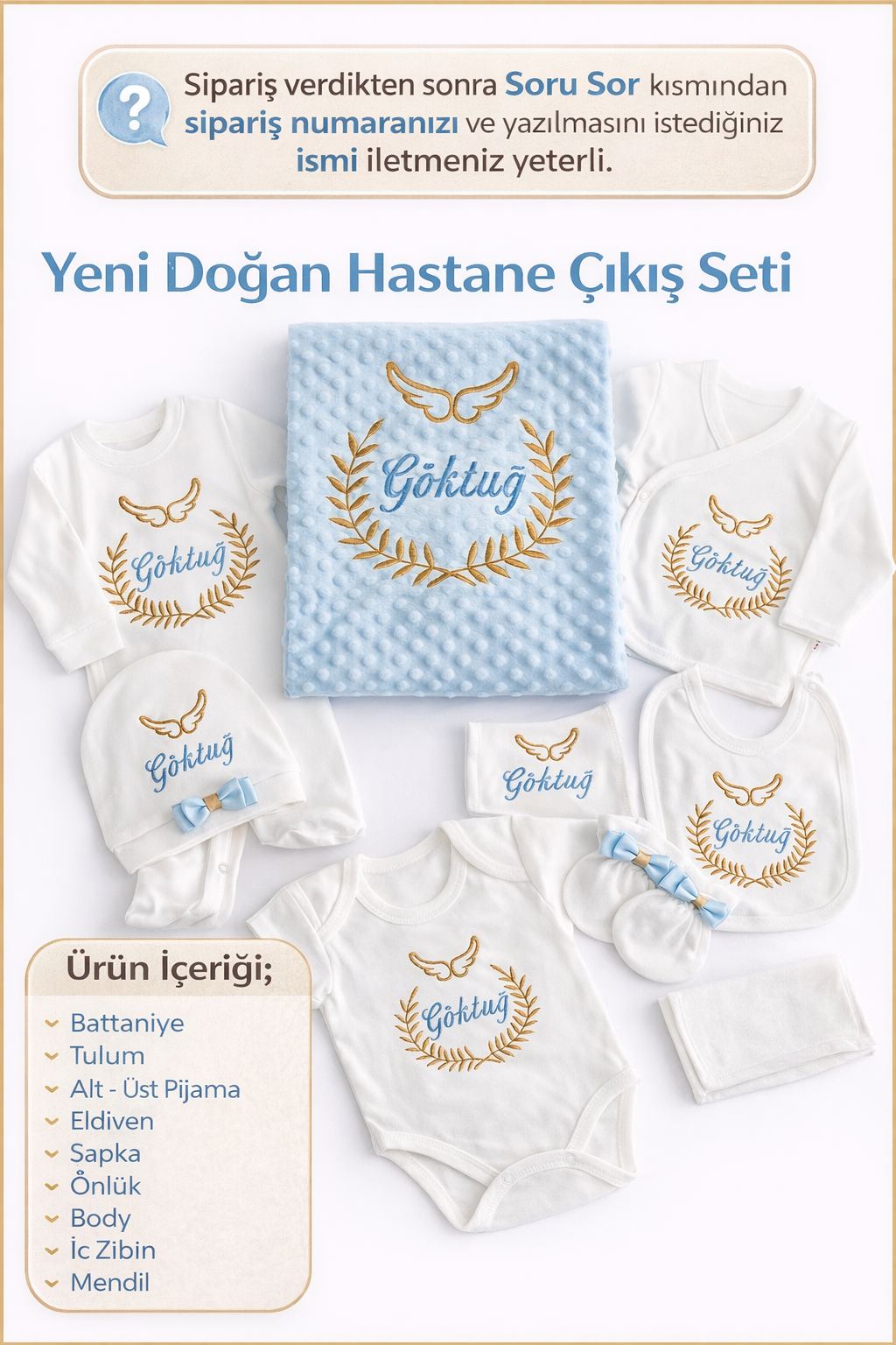 Jaju Baby Melek Kanadı Nakışlı ve İsim İşlemeli Bebek Yeni Doğan Set