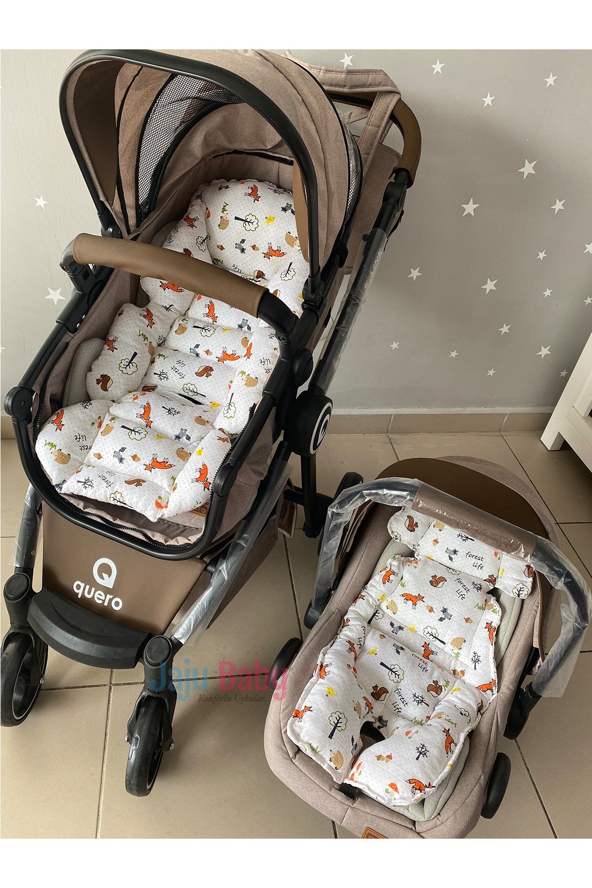 Jaju Baby Müslin Tilki Kumaş Bebek Arabası Minderi ve Puset Minderi Set