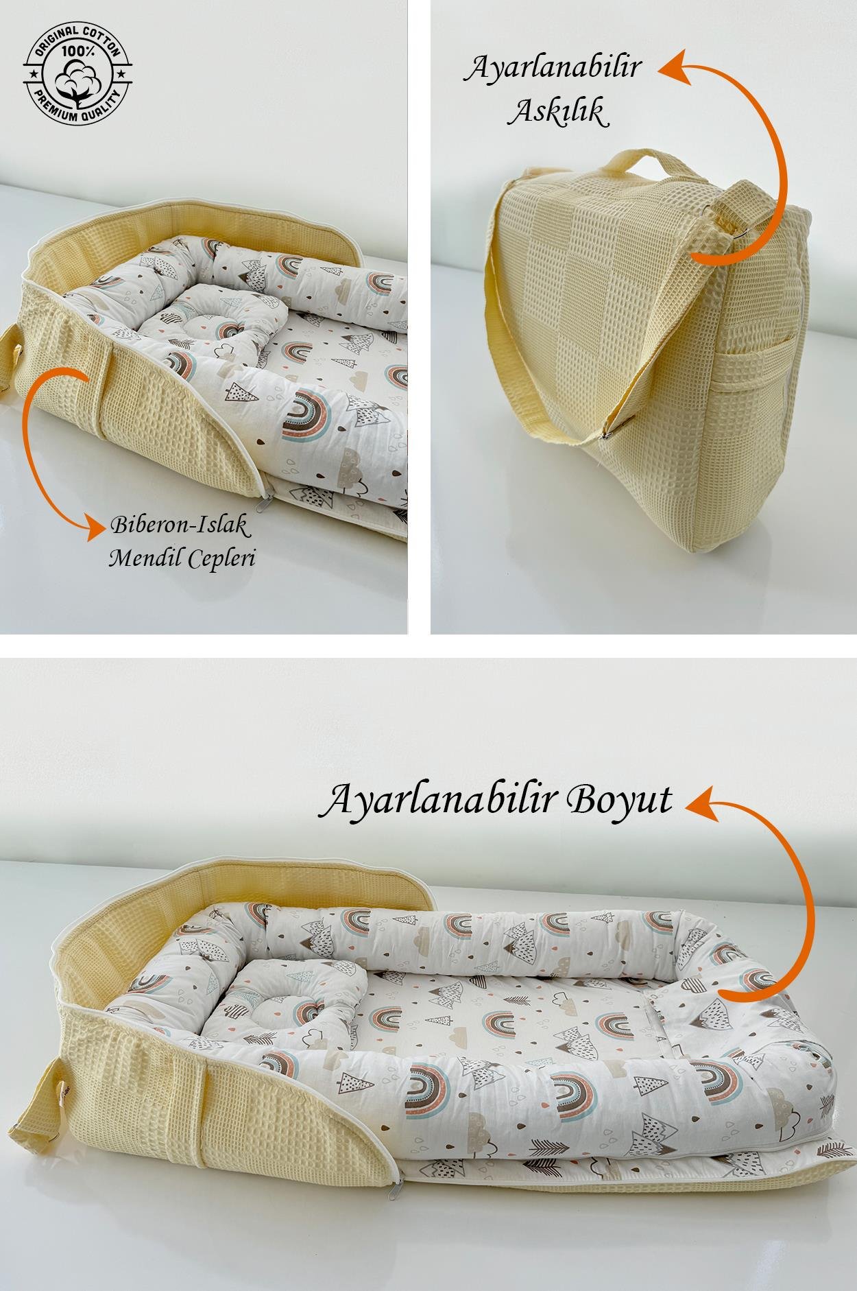 Jaju Baby Nest Çantalı Babynest Taşınabilir Anne Yanı Dağlı Sarı Pike Babynest