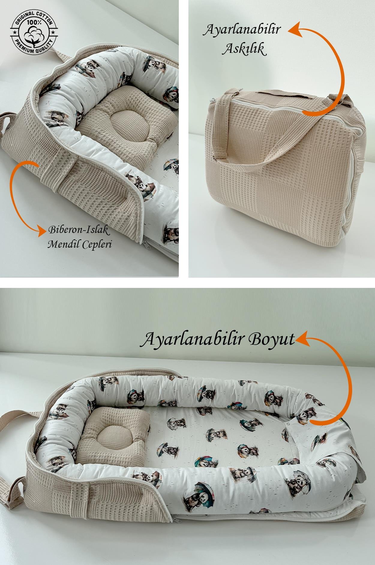 Jaju Baby Nest Çantalı Babynest Taşınabilir Anne Yanı Islanan Panda Pike Babynest