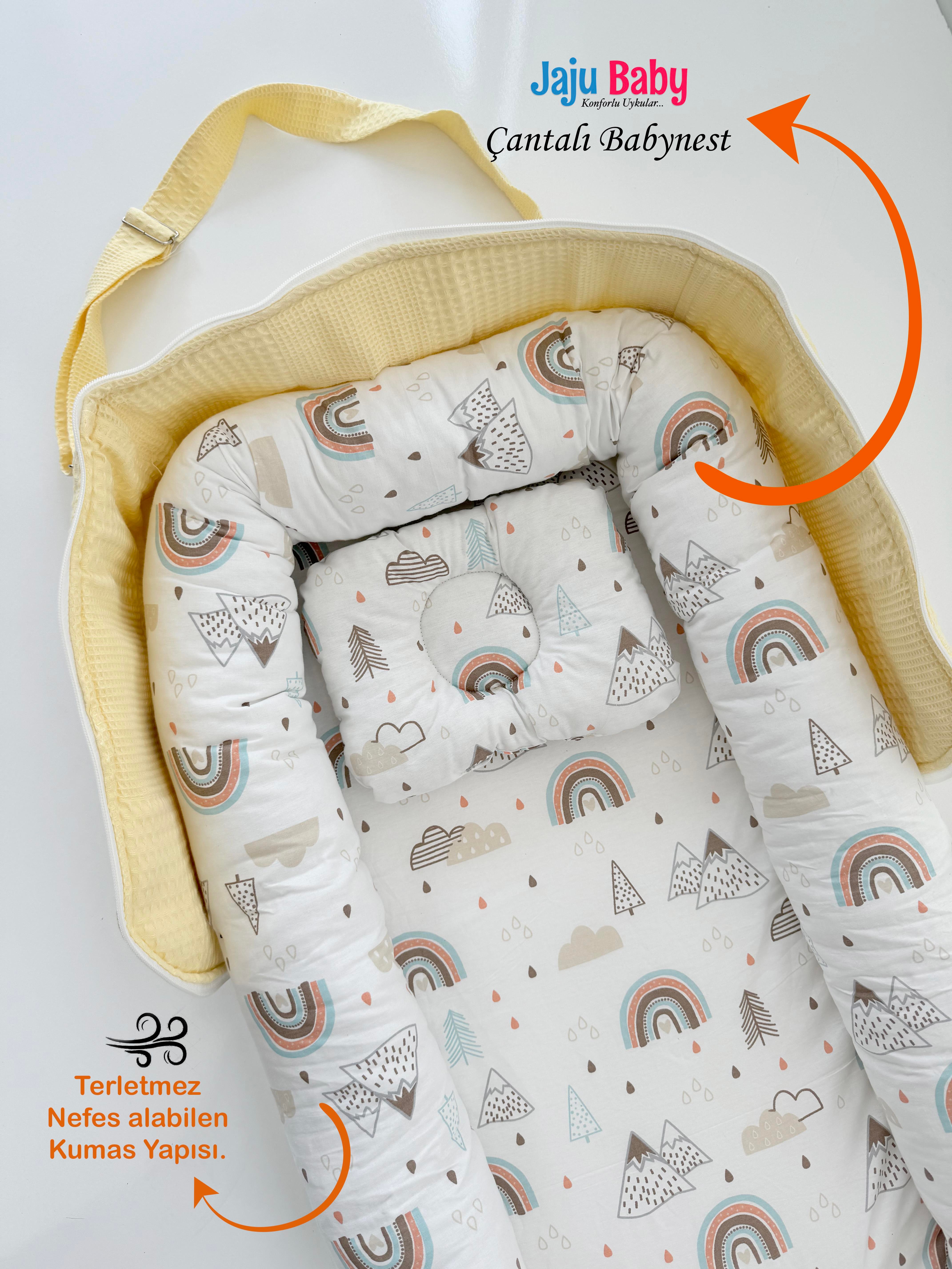 Jaju Baby Nest Çantalı Babynest Taşınabilir Anne Yanı Dağlı Sarı Pike Babynest