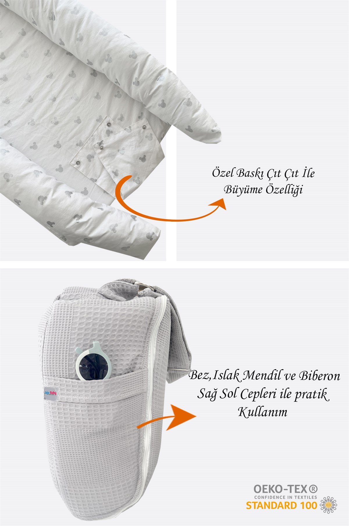 Jaju Baby Nest Gri Waffle Micky Desenli Çantalı Babynest Bebek Çantası Taşınabilir Anne Yanı Yatağı