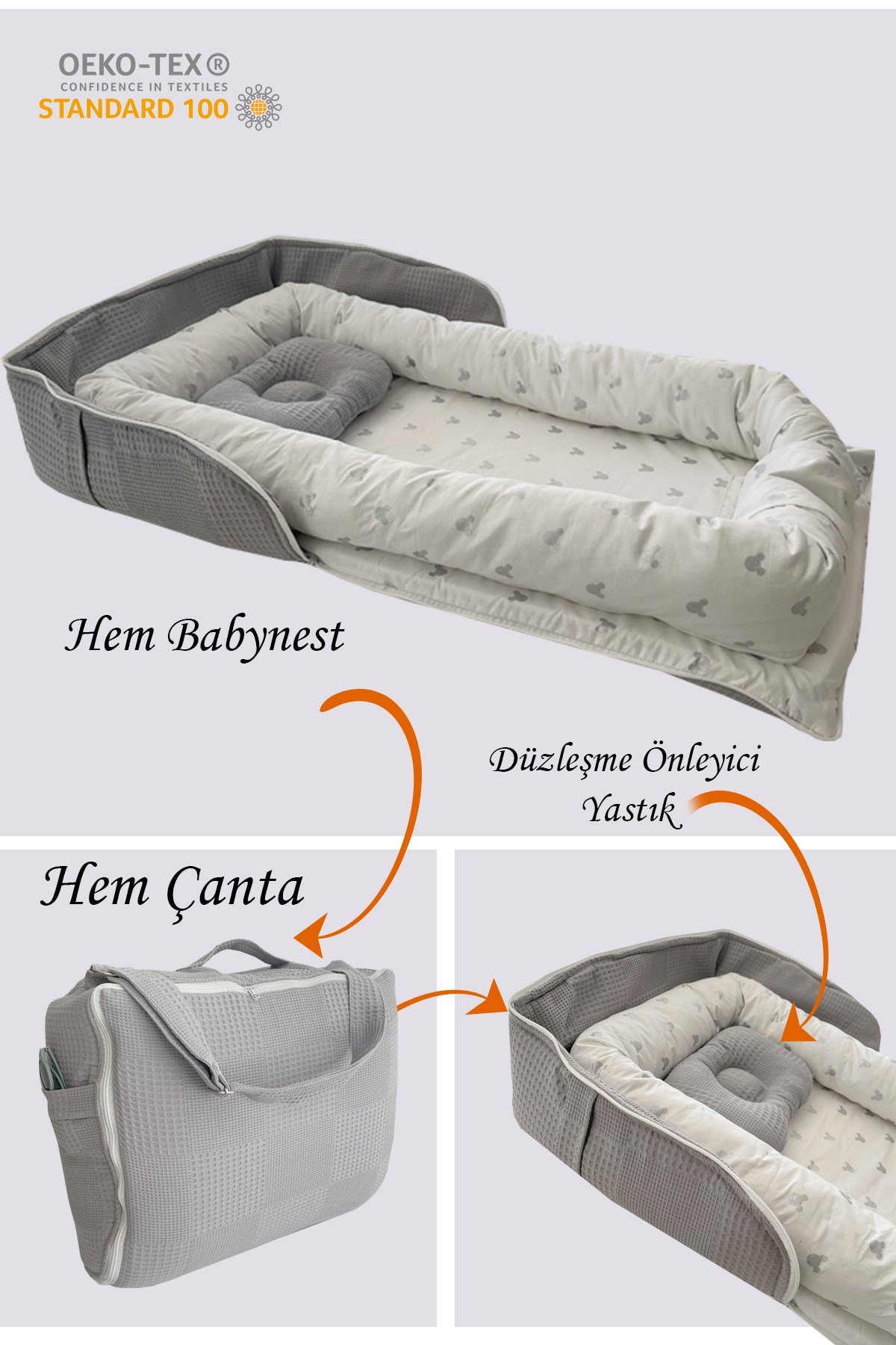 Jaju Baby Nest Gri Waffle Micky Desenli Çantalı Babynest Bebek Çantası Taşınabilir Anne Yanı Yatağı