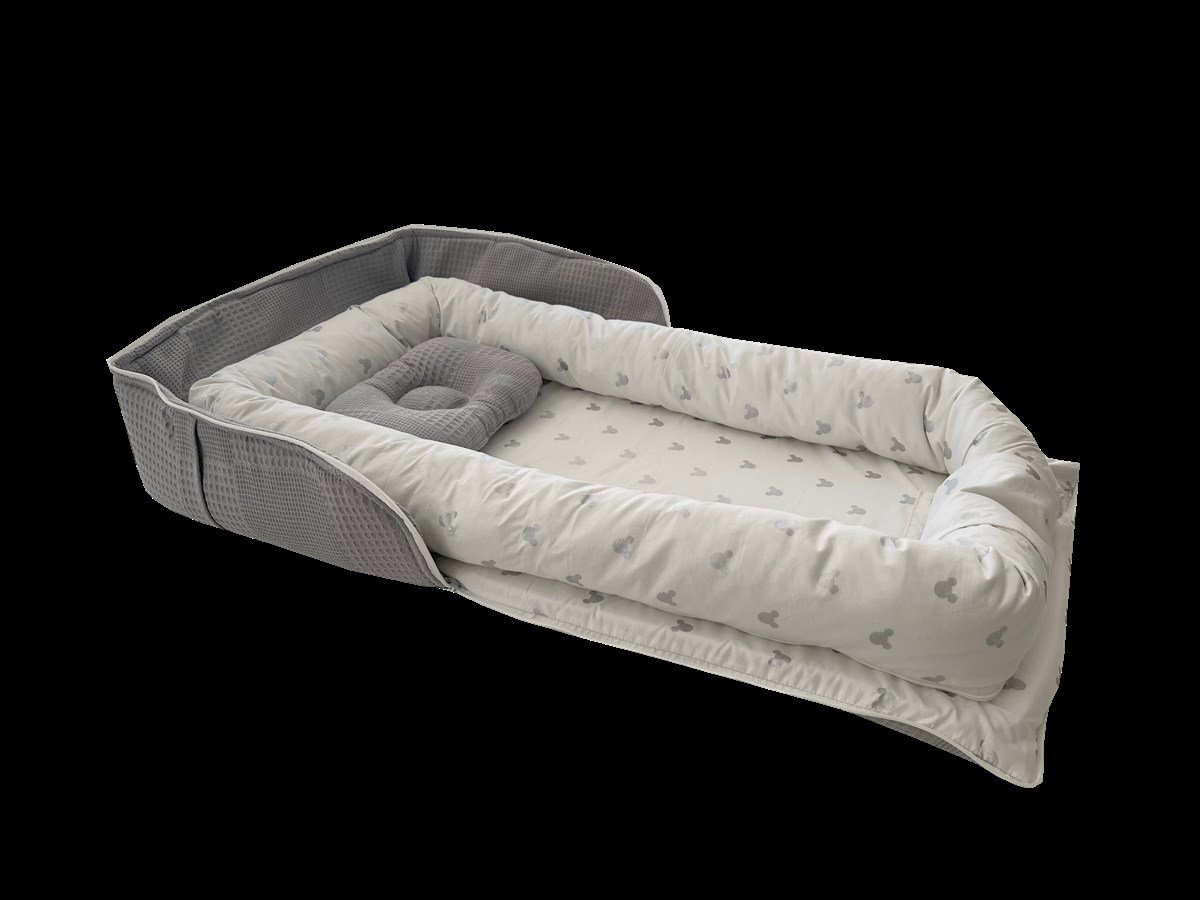 Jaju Baby Nest Gri Waffle Micky Desenli Çantalı Babynest Bebek Çantası Taşınabilir Anne Yanı Yatağı