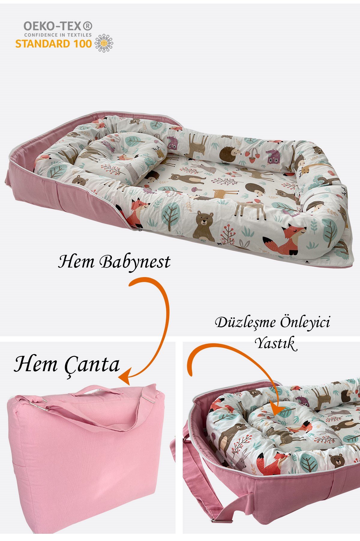 Jaju Baby Nest Pembe Orman Desenli Çantalı Babynest Bebek Çantası Taşınabilir Anne Yanı Yatağı