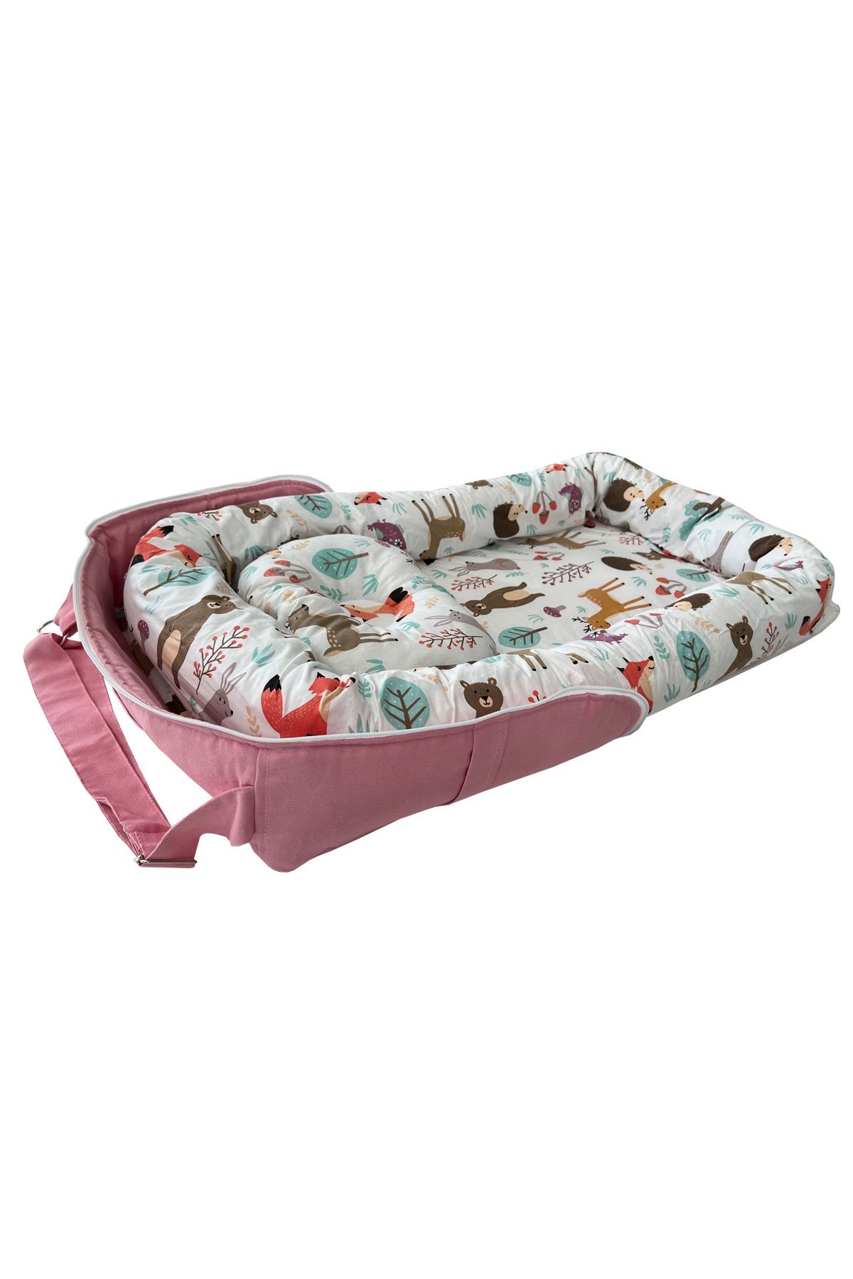 Jaju Baby Nest Pembe Orman Desenli Çantalı Babynest Bebek Çantası Taşınabilir Anne Yanı Yatağı