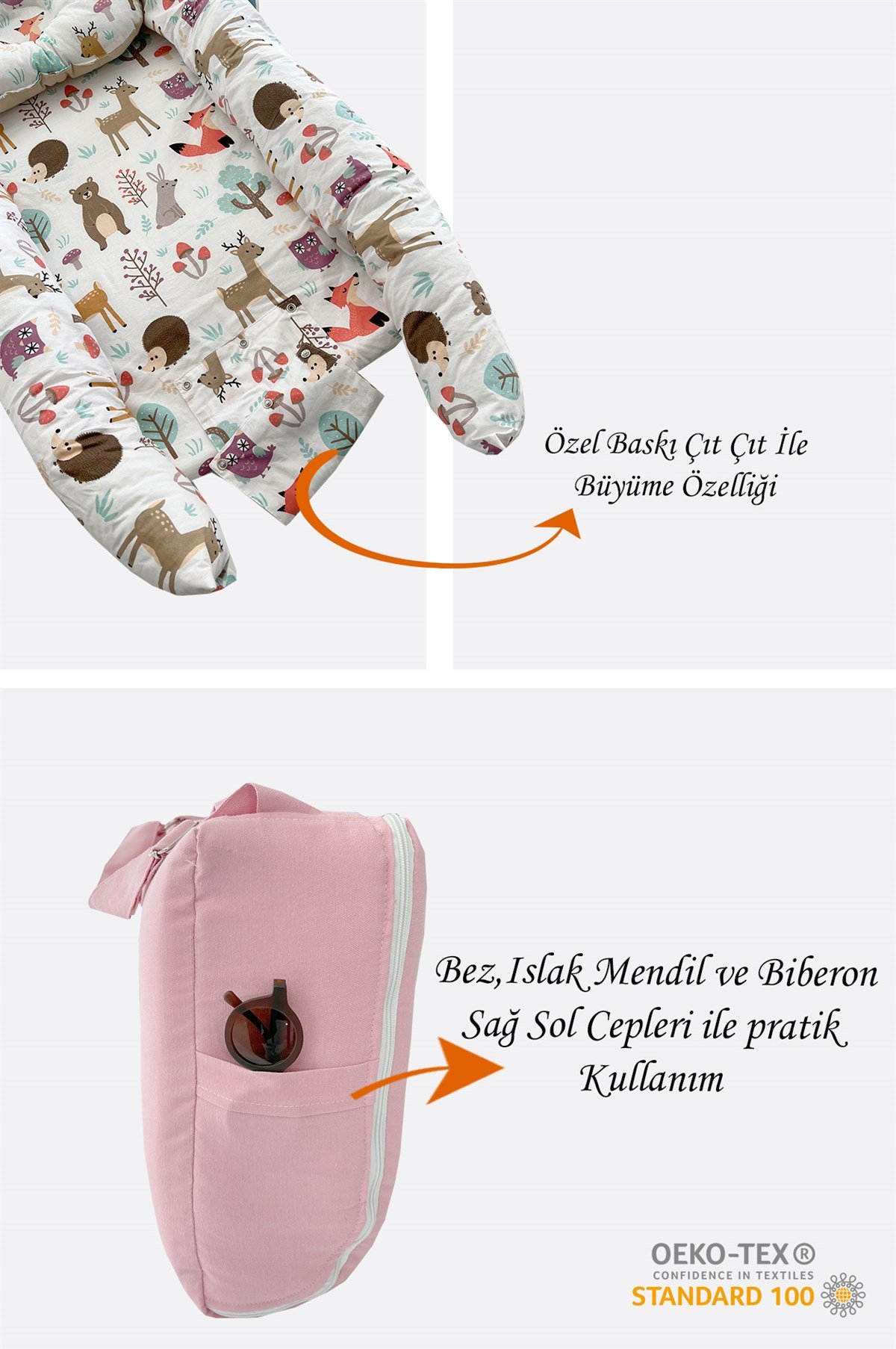 Jaju Baby Nest Pembe Orman Desenli Çantalı Babynest Bebek Çantası Taşınabilir Anne Yanı Yatağı