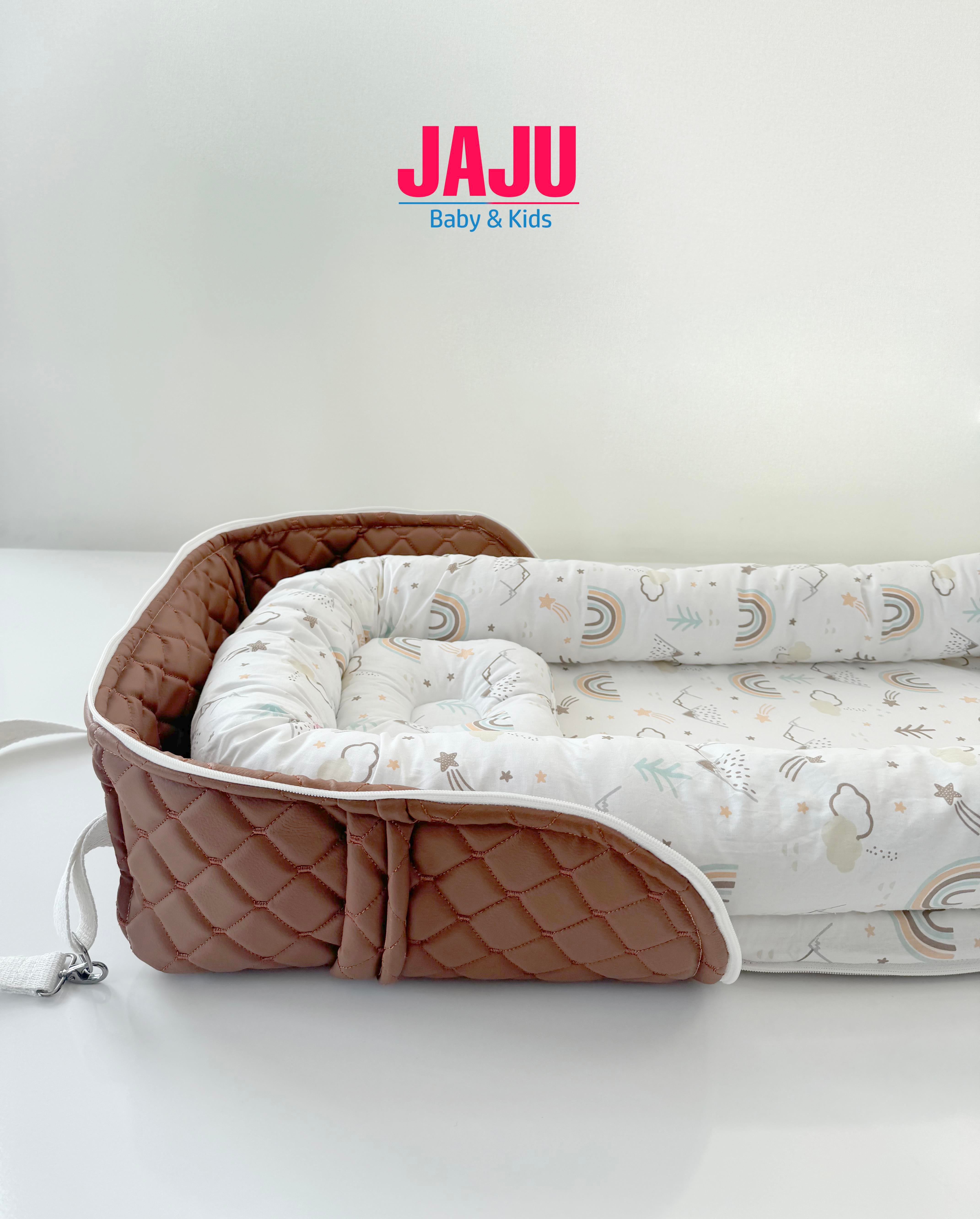 Jaju Baby Nest Premium Kahve Deri Çantalı Babynest Bebek Çantası Taşınabilir Anne Yanı Yatağı