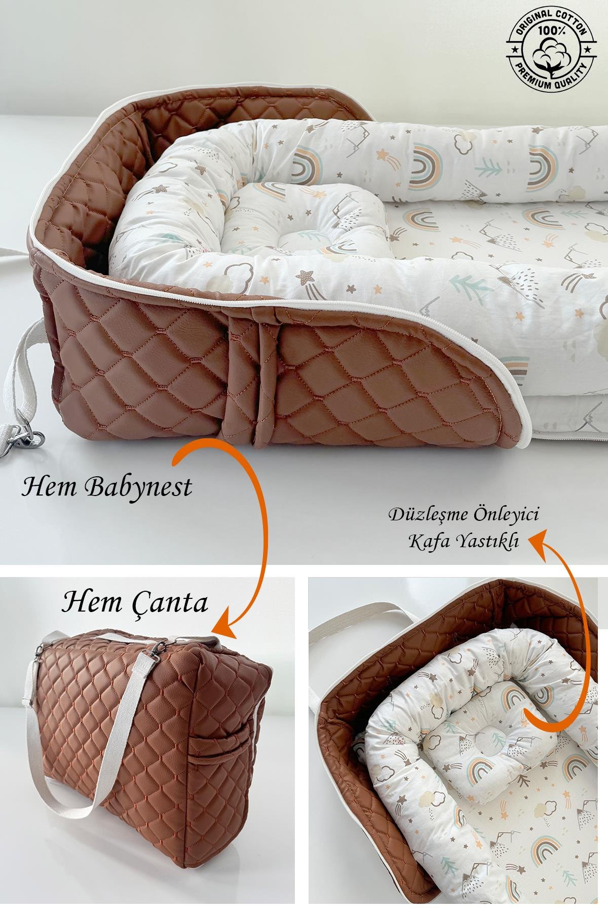 Jaju Baby Nest Premium Kahve Deri Çantalı Babynest Bebek Çantası Taşınabilir Anne Yanı Yatağı