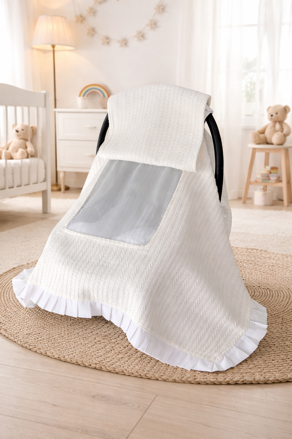 Jaju Baby Örgü %100 Pamuk Organik Kumaş Pencereli Puset Örtüsü 