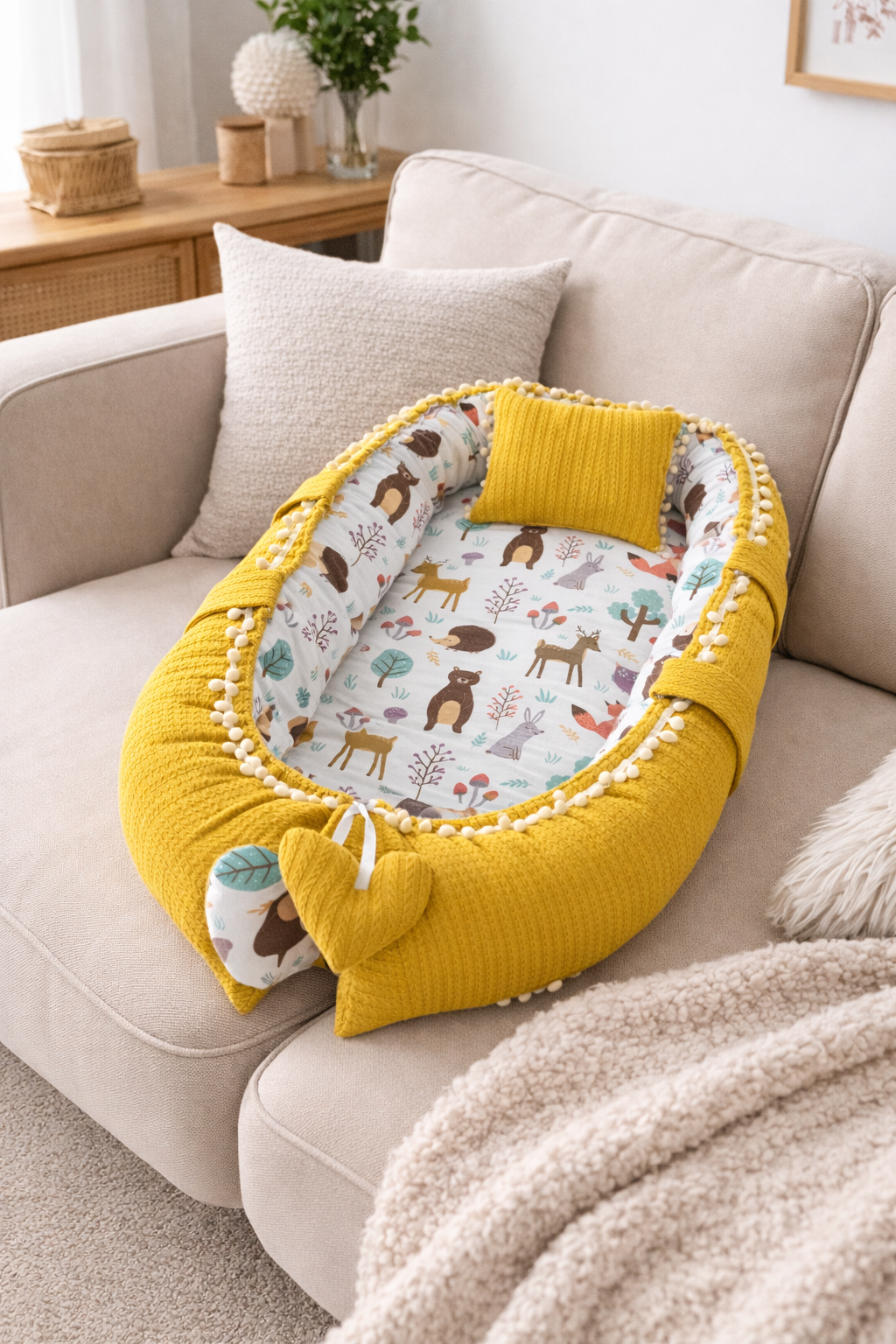 Jaju Baby Örgü Kumaş ve Orman Müslin Kumaş Ponponlu Babynest
