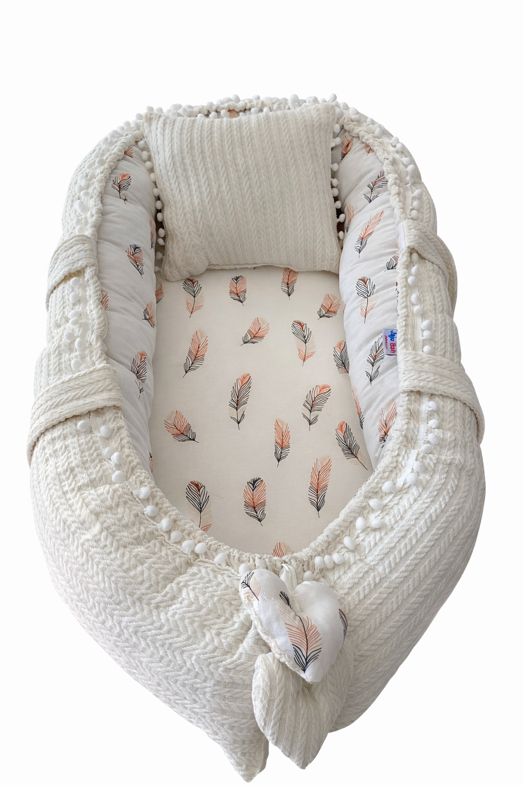 Jaju Baby Örgü Kumaş ve Tüy Desenli Poplin Kumaş Ponponlu Babynest