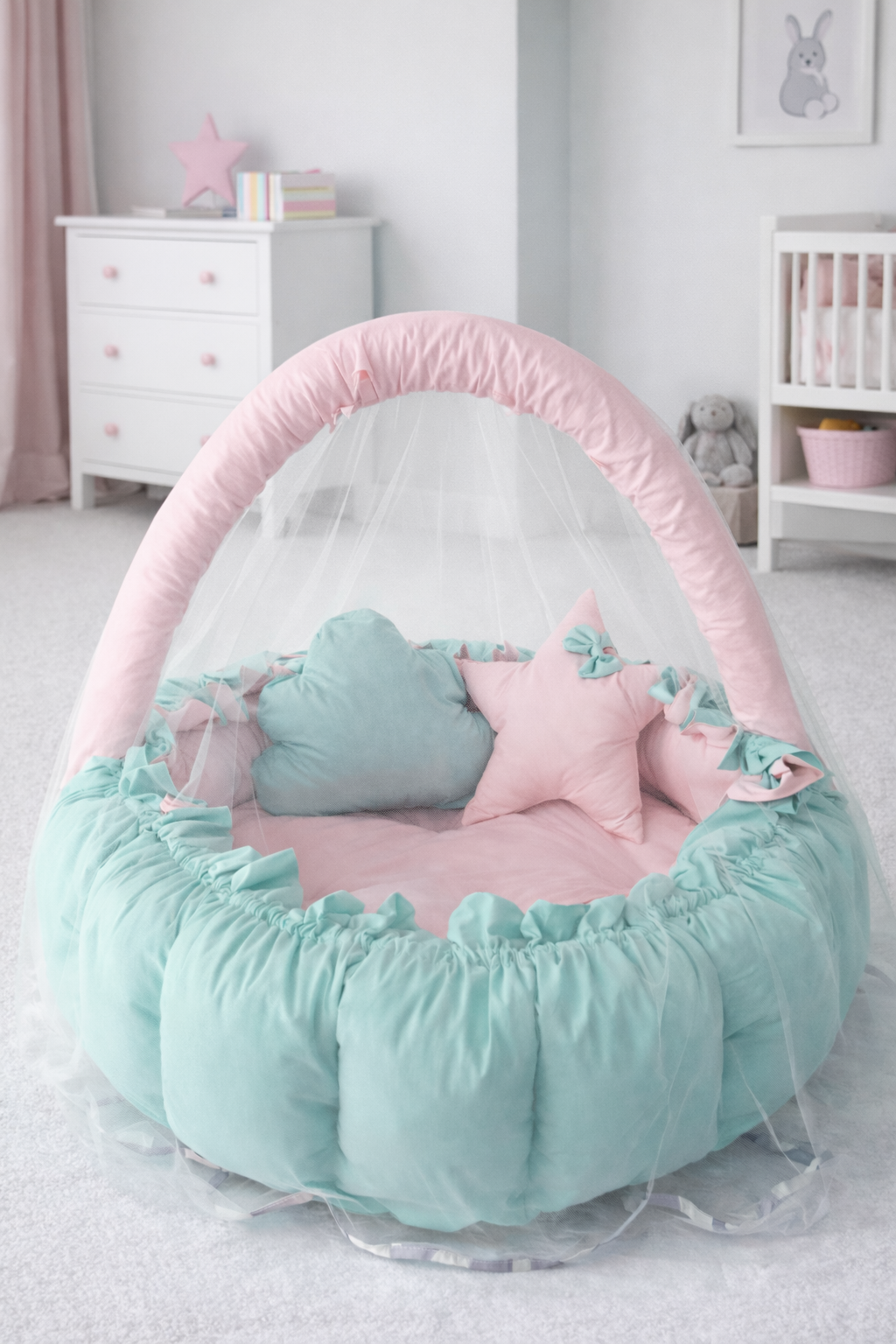 Jaju Baby Pembe - Mint  Tasarım Lüx Oyun Minderi Babynest Cibinlik Tül Oyuncak Aparat Set