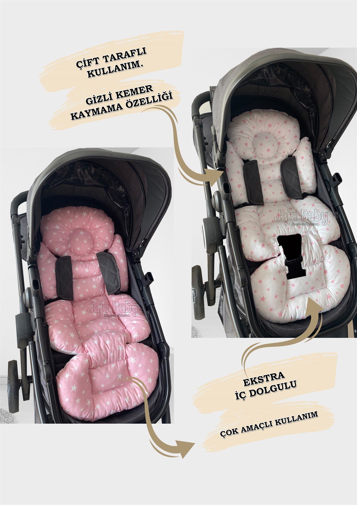 Jaju Baby Pembe Yıldız Bebek Arabası Minderi