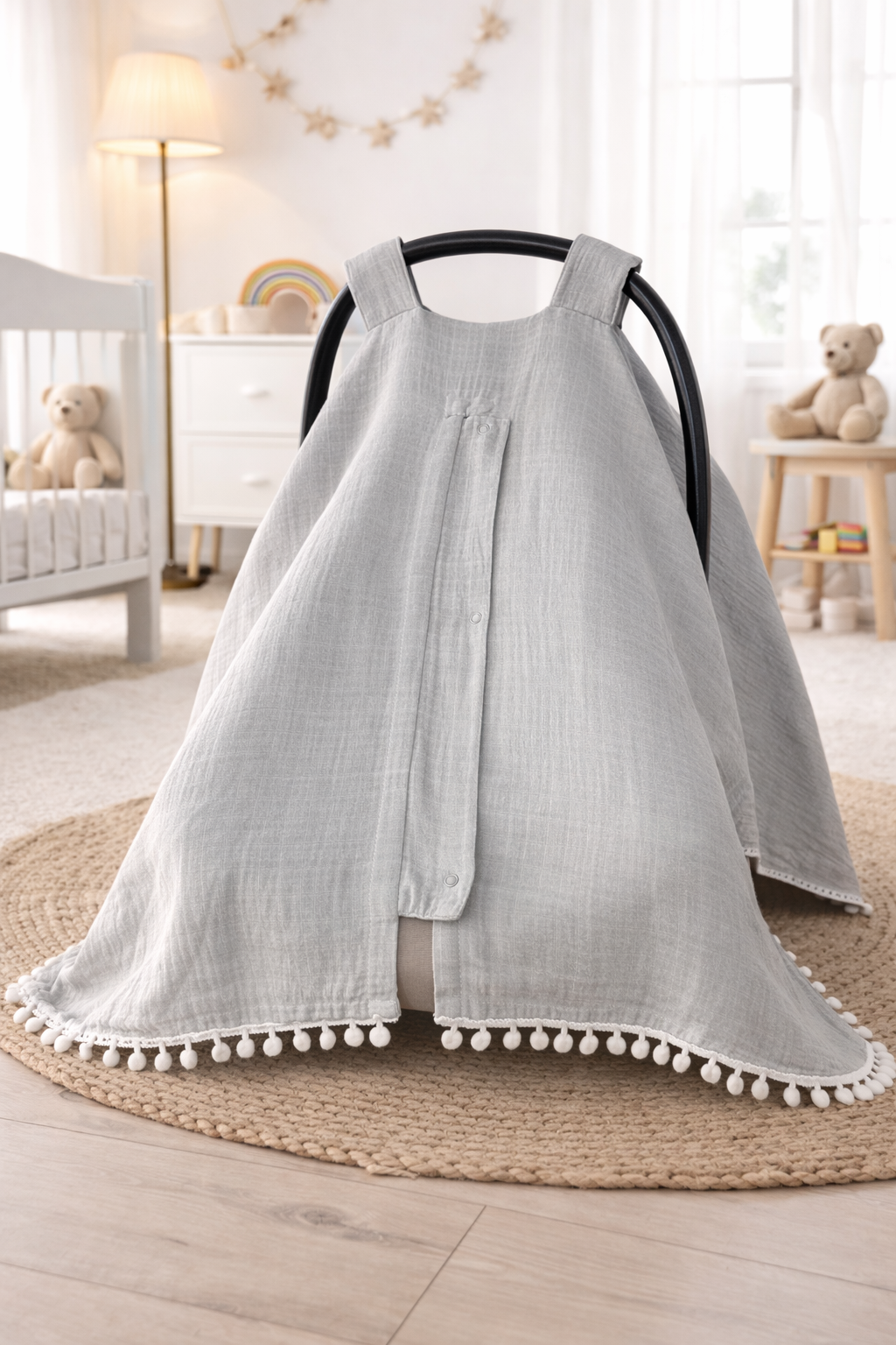 Jaju Baby Ponponlu Gri Müslin Kumaş Organik Puset Örtüsü