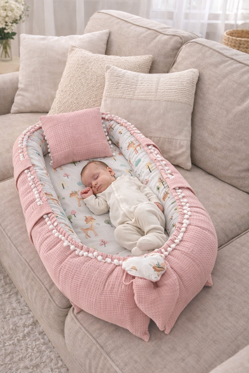 Jaju Baby Pudra Waffle Pike Kumaş Ceylan Tasarım Ponponlu Babynest