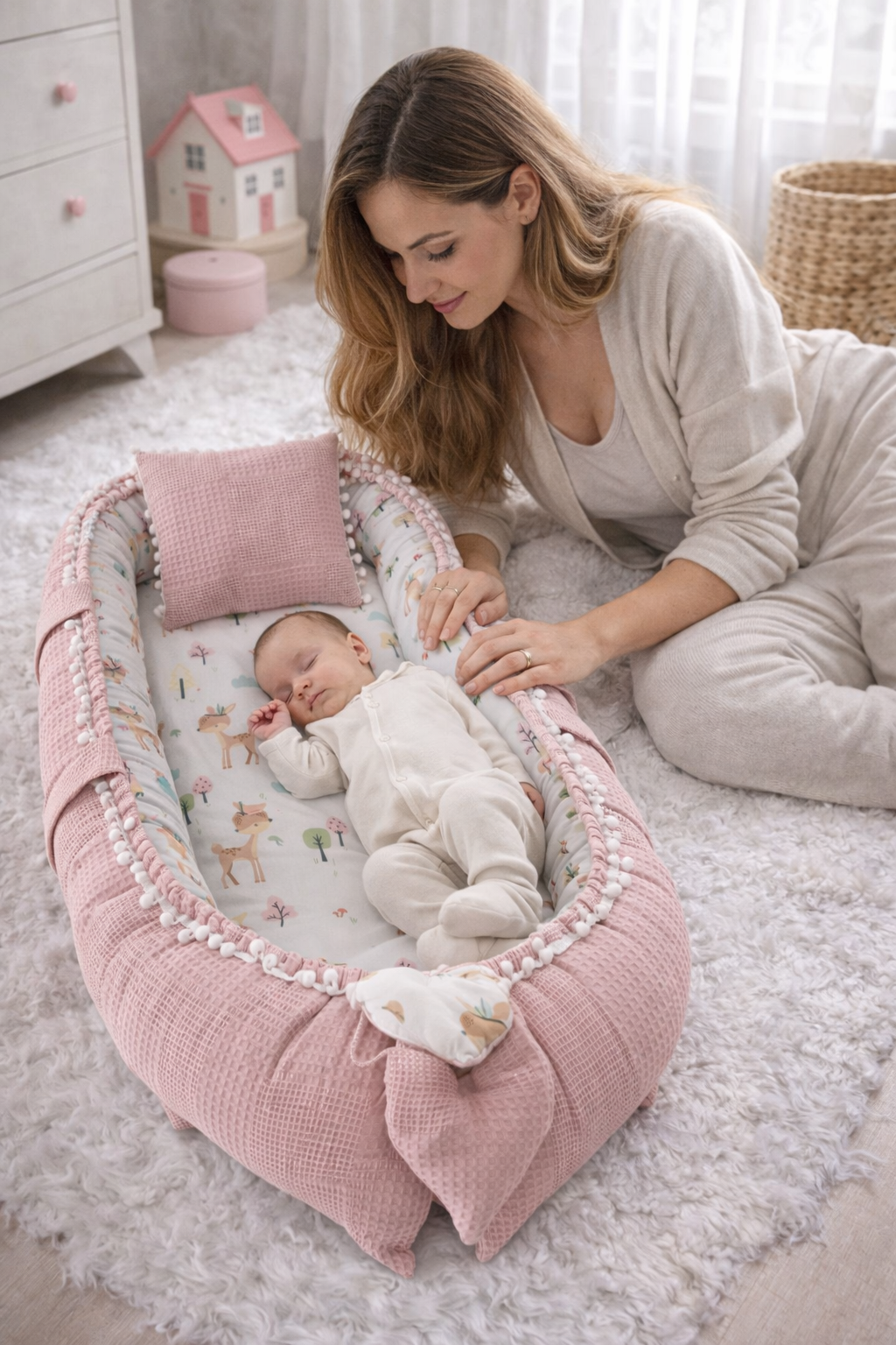Jaju Baby Pudra Waffle Pike Kumaş Ceylan Tasarım Ponponlu Babynest