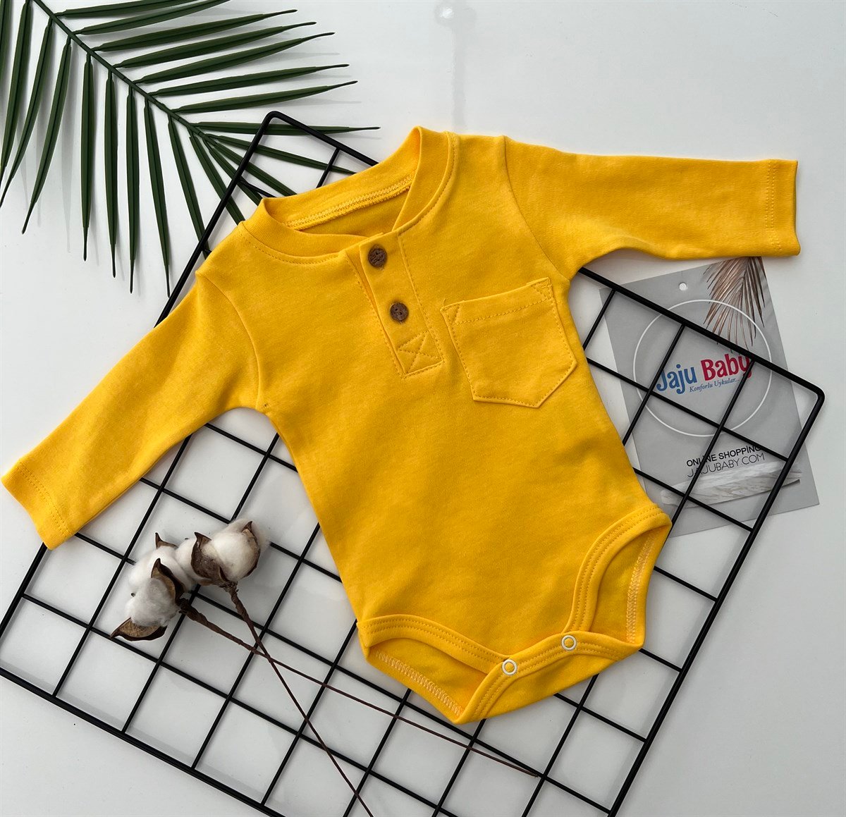 Jaju Baby Sarı Düğmeli Uzun Kol Badi