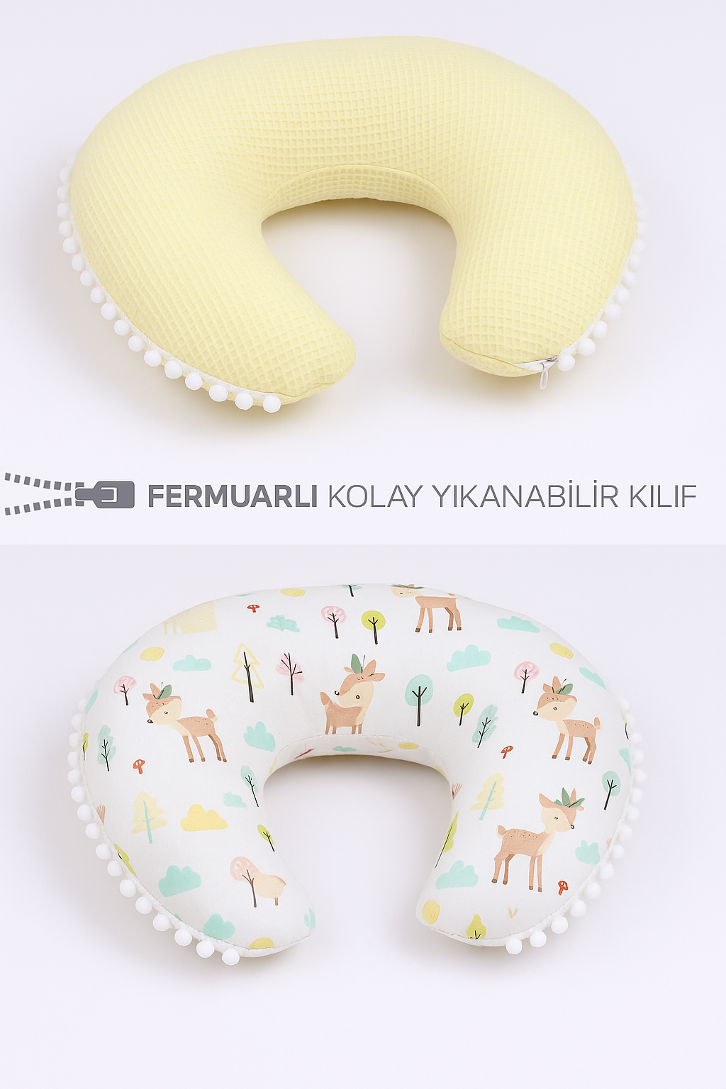 Jaju Baby Sarı Wafle Pike Kumaş Geyik Tasarım Ponponlu Emzirme Yastığı - Destek Minderi