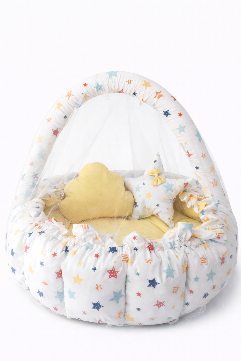 Jaju Baby Sarı Yıldız Desenli Tasarım Lüx Oyun Minderi Babynest Cibinlik Tül Oyuncak Aparat Set