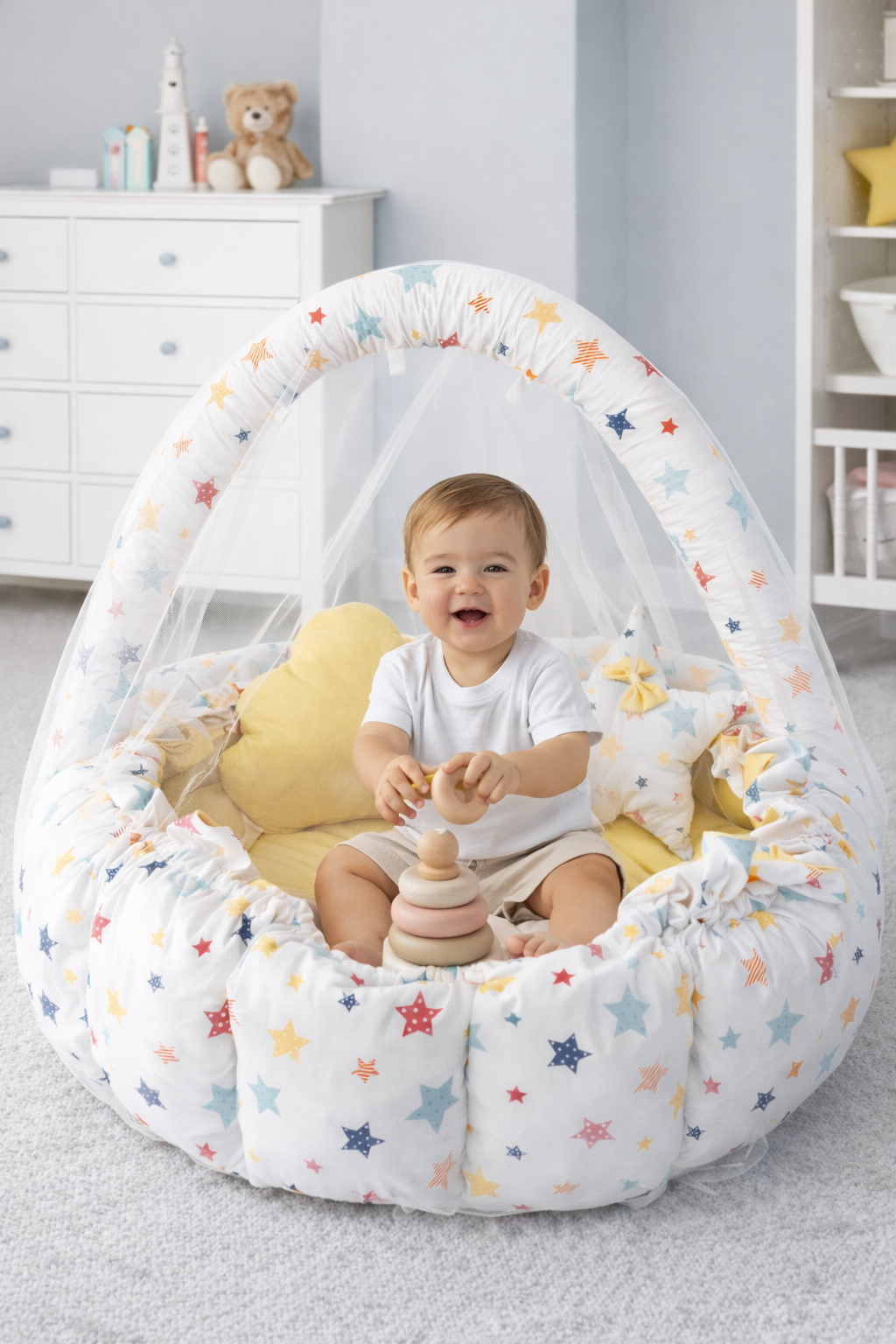 Jaju Baby Sarı Yıldız Desenli Tasarım Lüx Oyun Minderi Babynest Cibinlik Tül Oyuncak Aparat Set