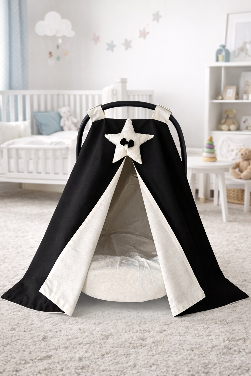 Jaju Baby Siyah-Krem Yıldız Tasarım Puset Örtüsü ve İç Çarşafı