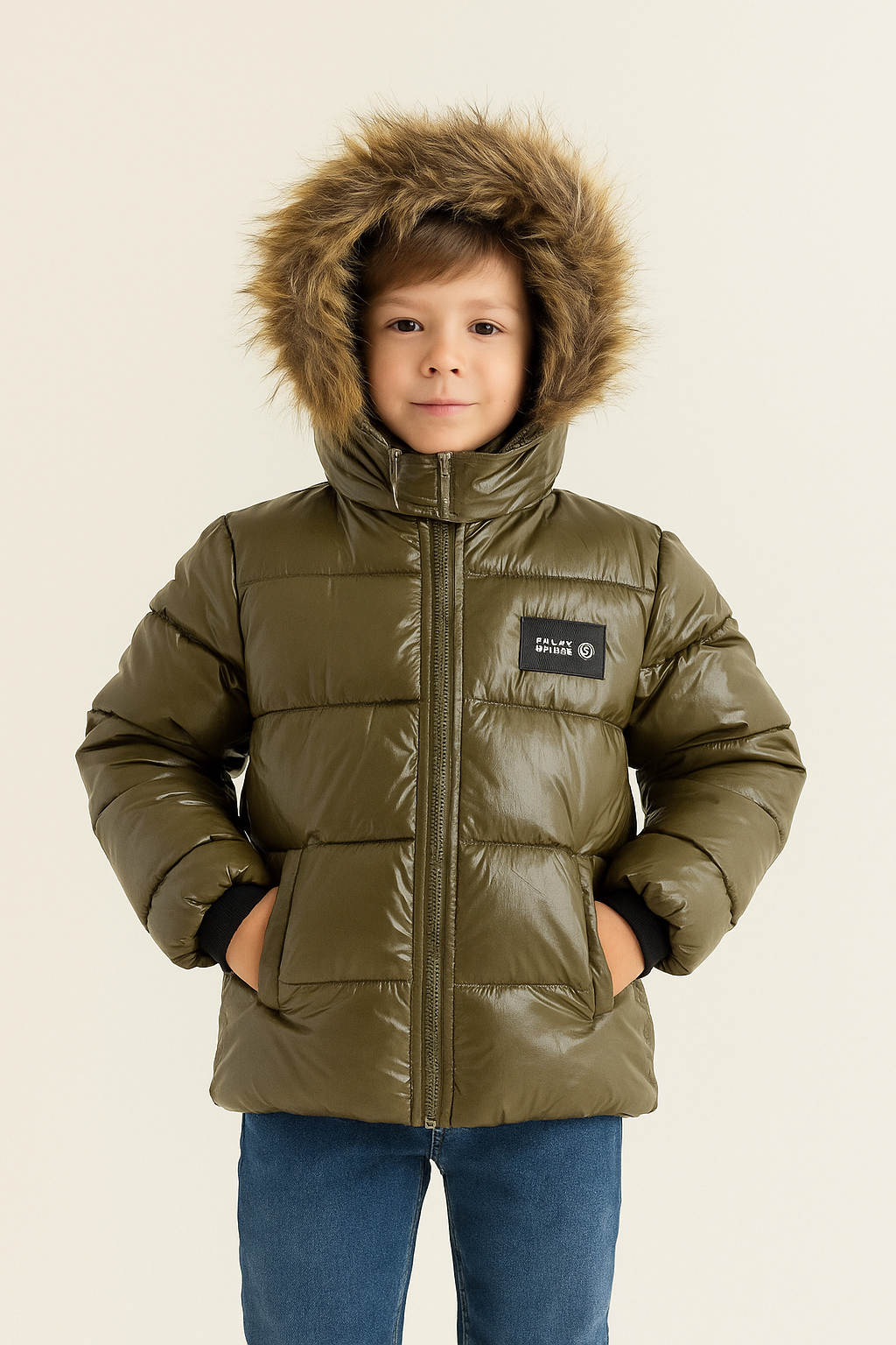 Jaju Baby Unisex Yeşil Renk Önü Armalı İçi Polar Kapüşonlu Şişme Mont