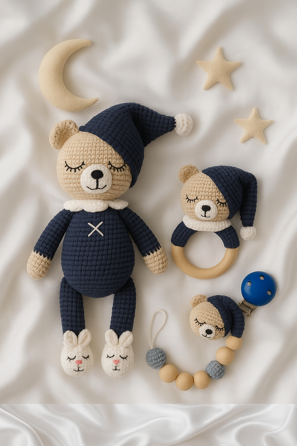 Jaju Baby Uykucu Ayıcık 22 cm Çıngırak ve Emzik Zinciri Üçlü Set