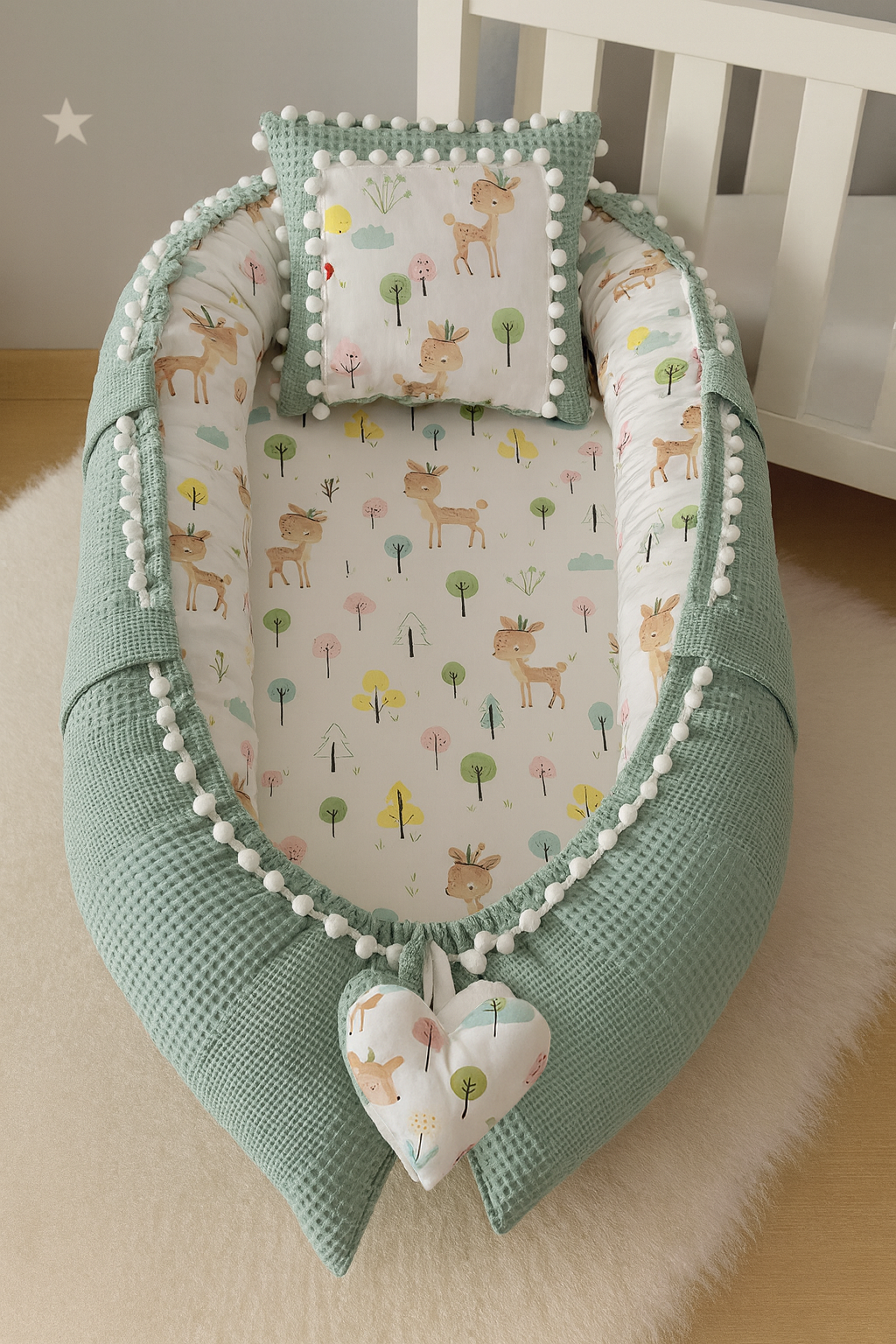 Jaju Baby Waffle Pike Kumaş Ceylan Tasarım Ponponlu Babynest