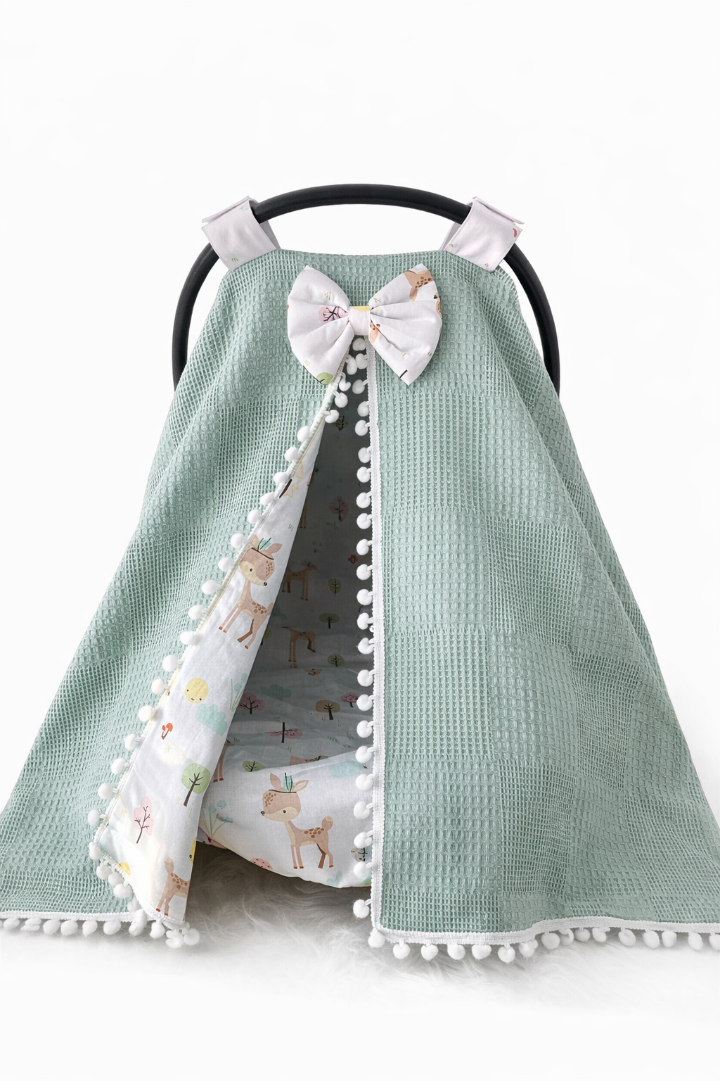 Jaju Baby Wafle Pike Kumaş Ceylan Desenli Ponponlu Puset Örtüsü ve Çarşafı